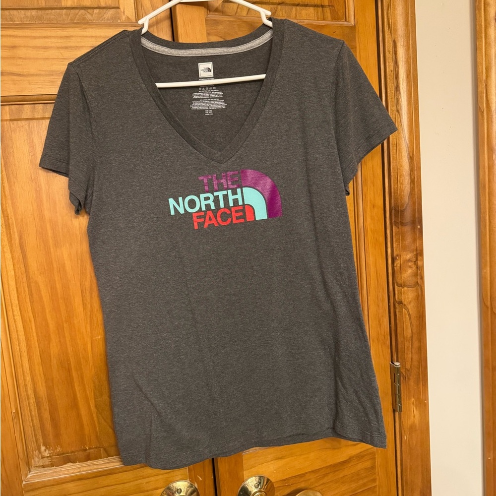 The North Face Charcoal Gray V-Neck Tee with Multicolor Logo